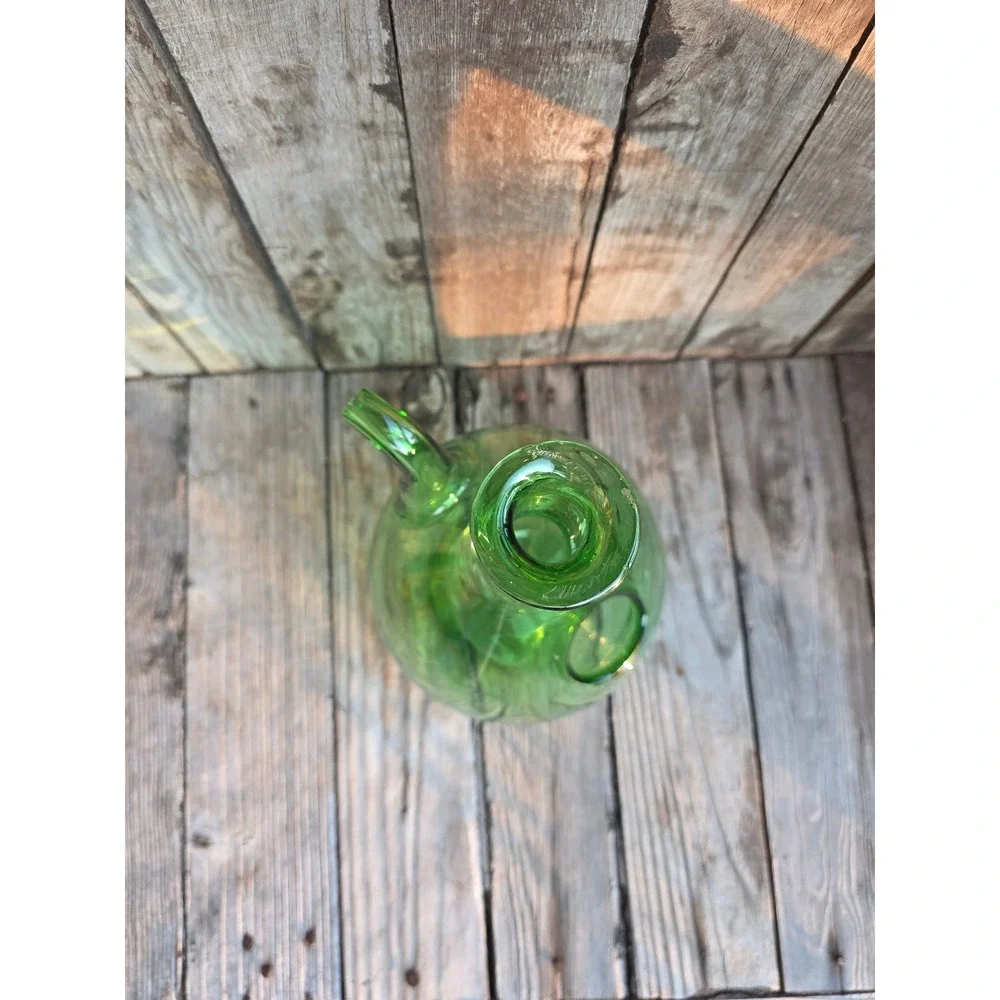 Green Hand Blown Glass Porron Wine Decanter Double Chamber Ice Pocket 11 inch